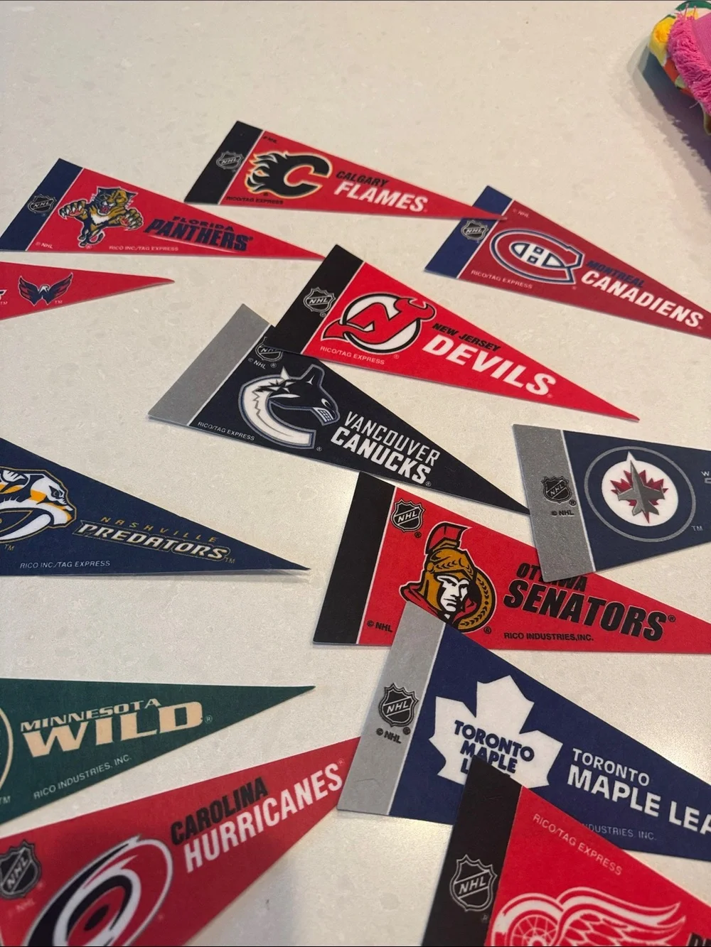 NHL Team Pennant Trading pennant 27 pc Red, Blue, Black, Green, Yellow, Orange